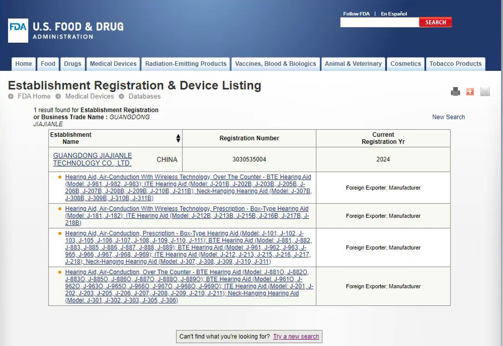 Guangdong Jiajianle Technology Co., Ltd FDA certificate